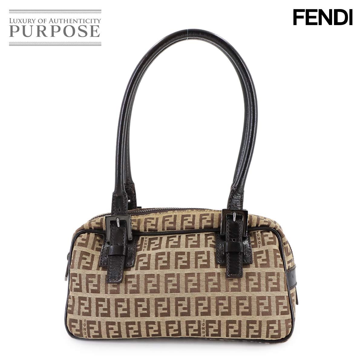 FENDI ズッキーノ ハンド バッグ キャンバス レザー ベージュ ブラウン 8BN004 Zucchino Hand Bag フェンディ 90312395