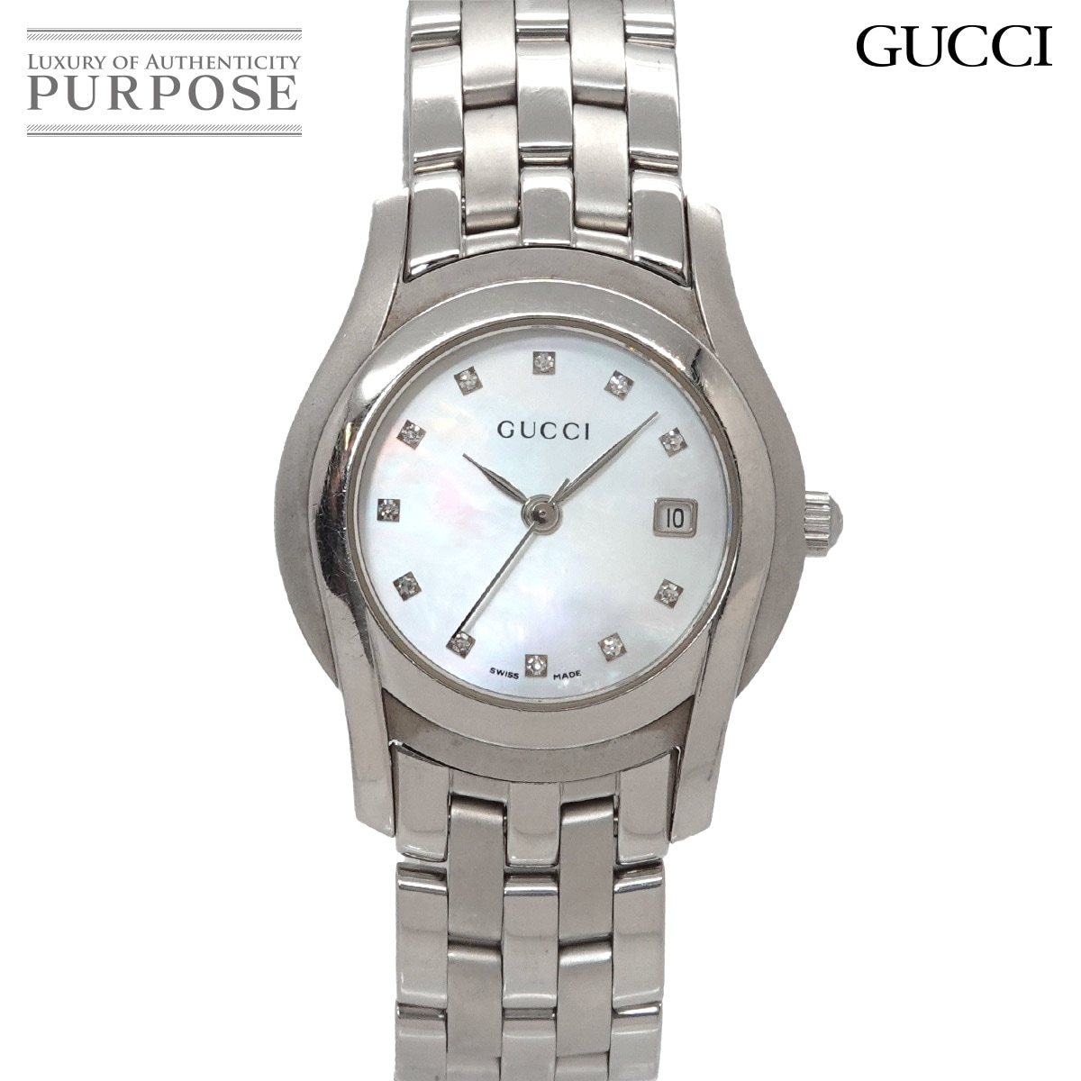 GUCCI 5500L レディース 腕時計 11P ダイヤ デイト ホワイトシェル クォーツ ウォッチ グッチ 90324873