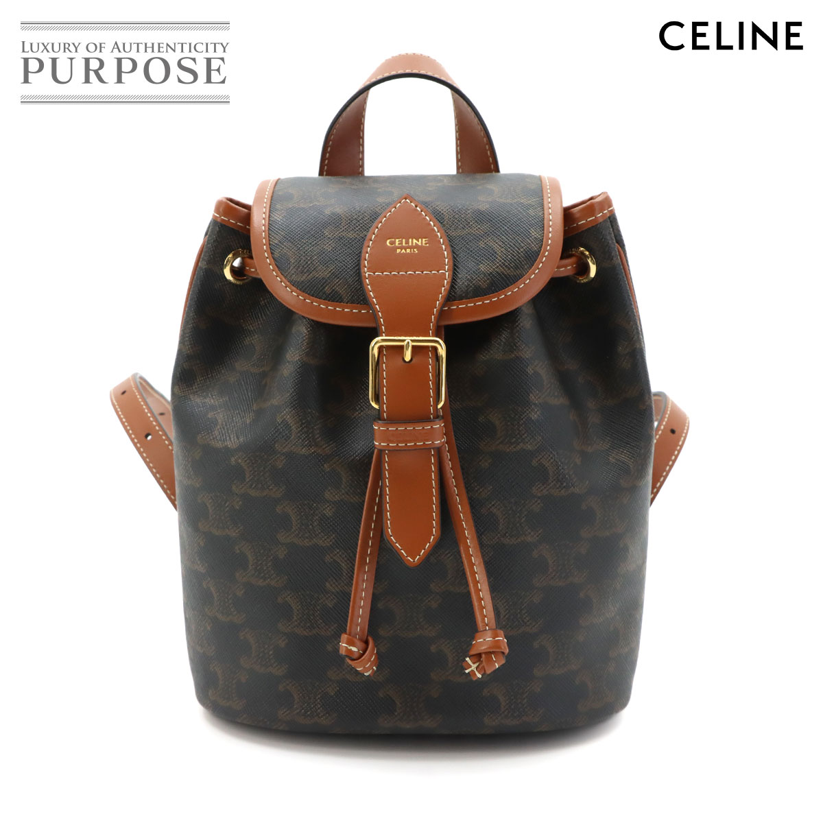 CELINE トリオンフ ミニ フォルコ バックパック PVC レザー タン ブラウン 197662 ゴールド 金具 Mini Folco Backpack セリーヌ 90318747