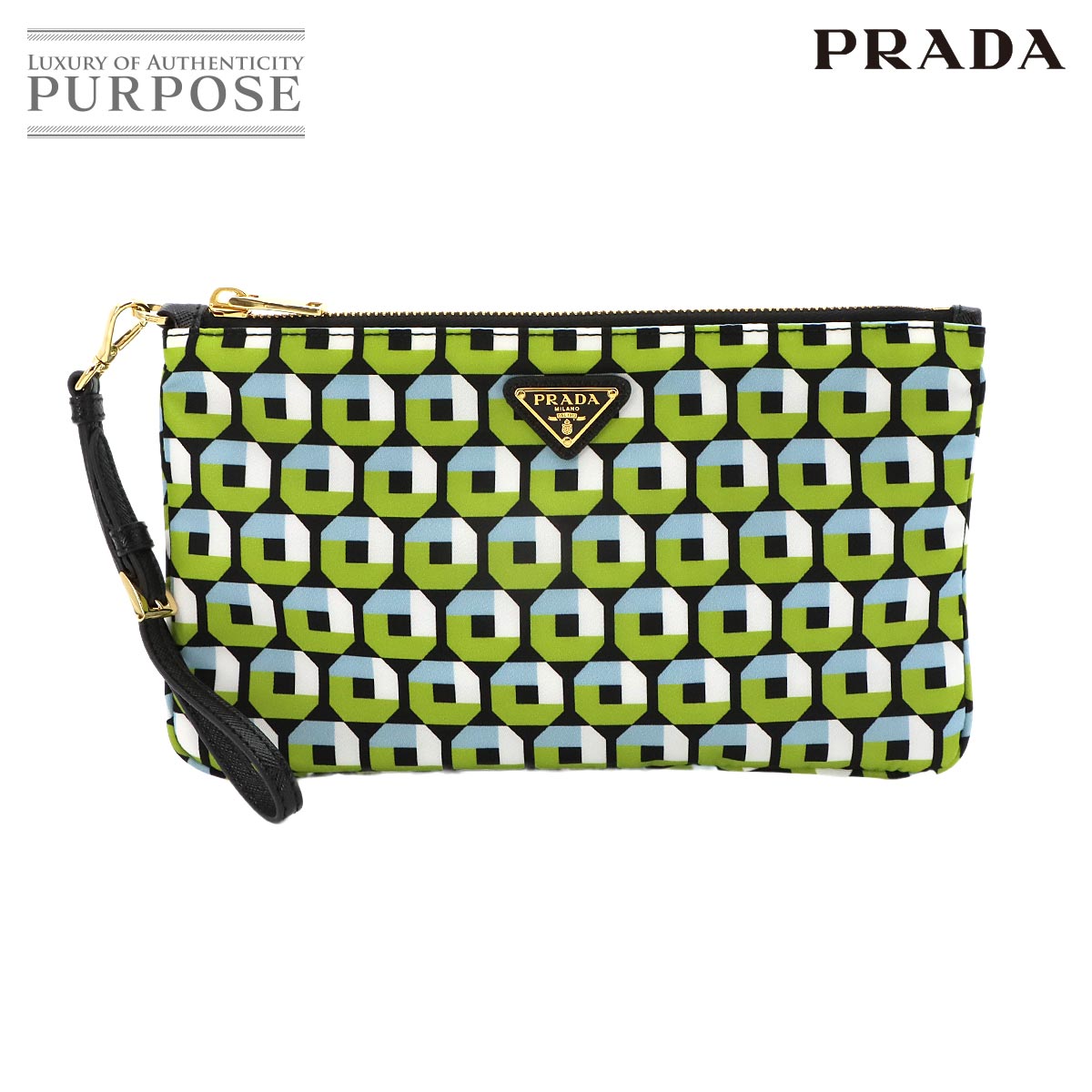 PRADA ポーチ ナイロン サフィアーノレザー グリーン ブルー ブラック ゴールド 金具 Pouch プラダ 90325483