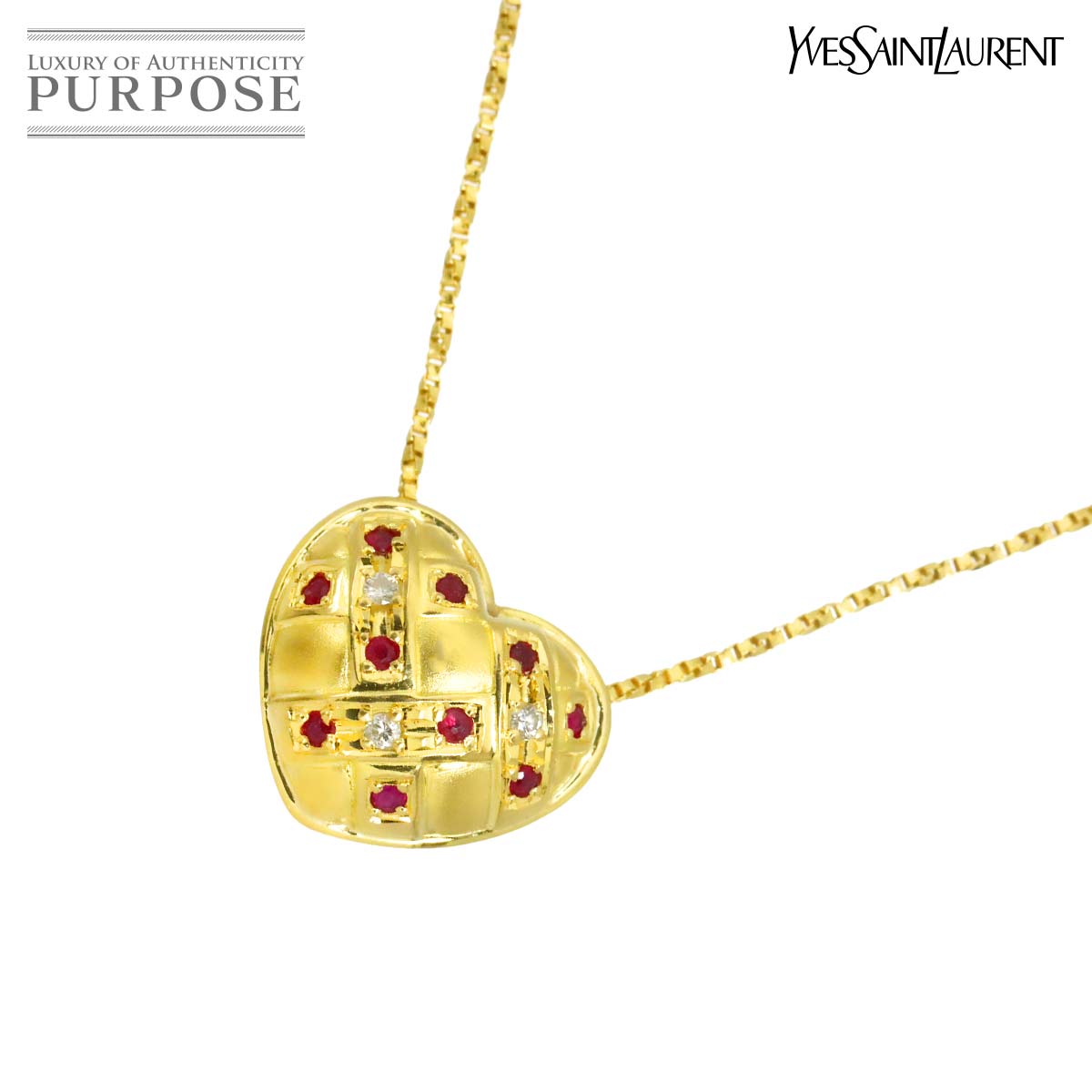 Yves Saint Laurent ルビー 0.16ct ダイヤ 0.03ct ハート ネックレス 41cm K18 YG イエローゴールド 750 Ruby Necklace イヴ サンローラン 90320923