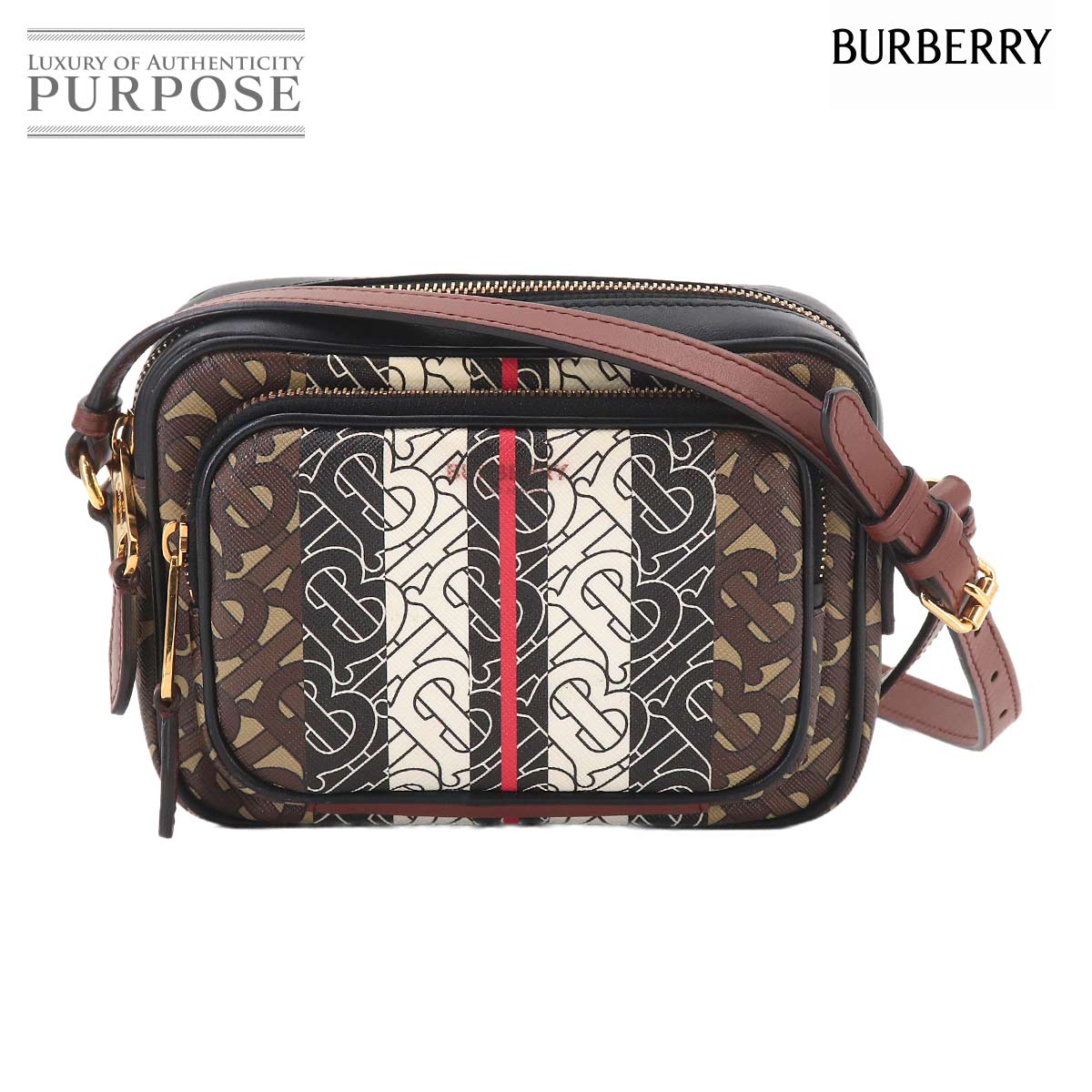 BURBERRY TB モノグラム ストライプ カメラ ショルダー バッグ PVC レザー ブラウン 8021485 ゴールド 金具 Camera Bag バーバリー 90320753