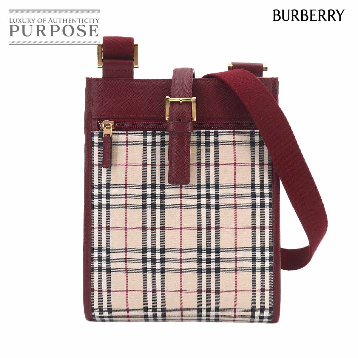 BURBERRY ノバチェック ショルダー バッグ キャンバス レザー ベージュ ボルドー ゴールド 金具 Shoulder Bag バーバリー 90324245