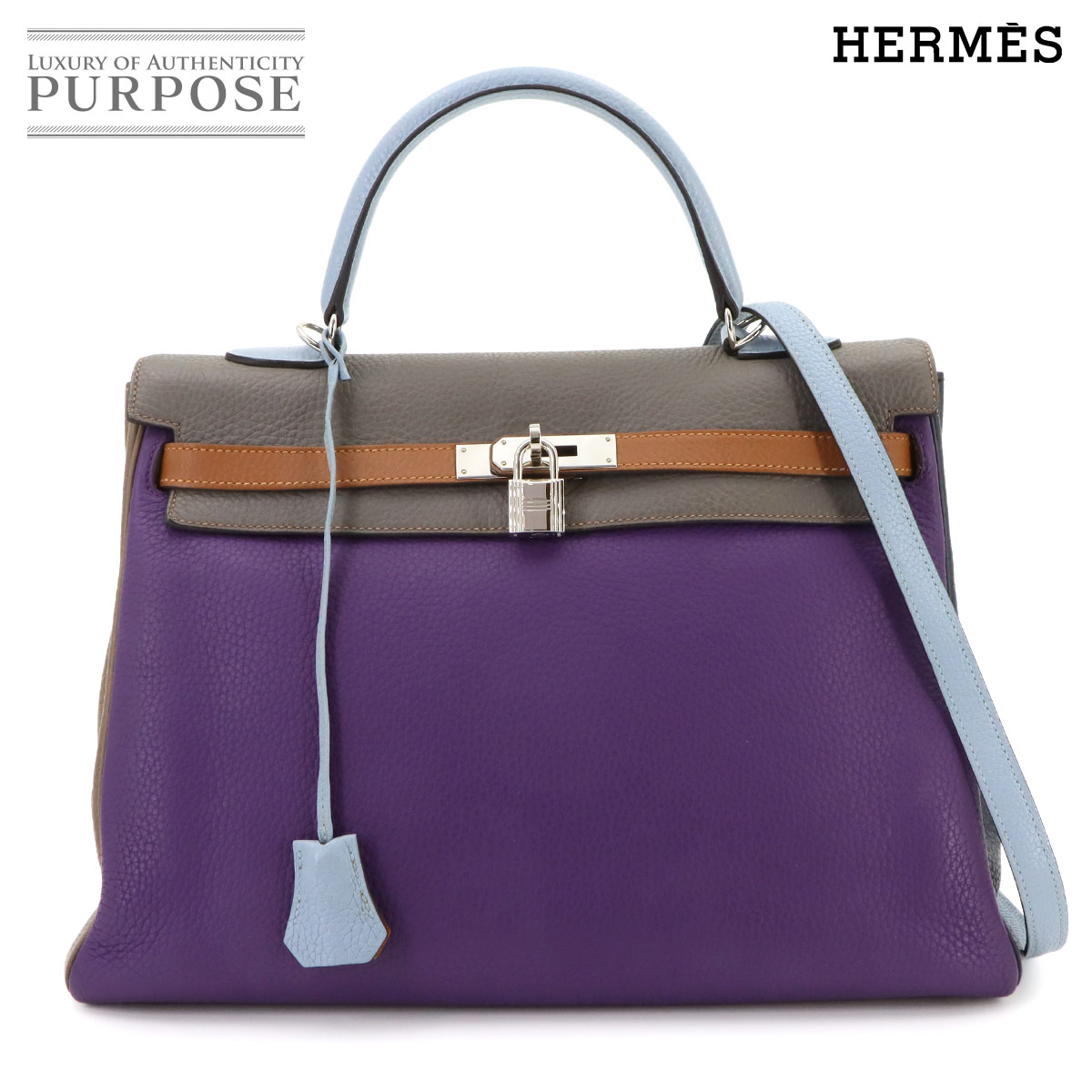 HERMES ケリー 35 アルルカン トリヨンクレマンス ウルトラバイオレット ブルーラン 2way ハンド ショルダー バッグ エタン エトゥープ ゴールド □Q刻印 内縫い Kelly Aarlequin エルメス 90326094