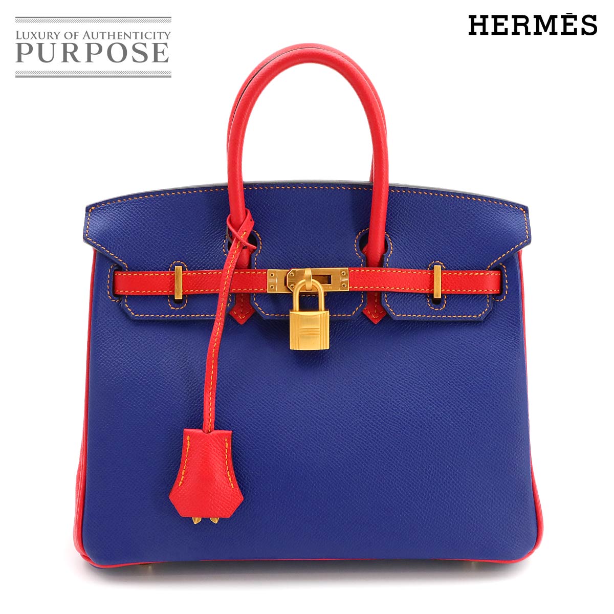 HERMES バーキン25 パーソナル SPO ハンド バッグ エプソン ブルーエレクトリック ルージュトマト X刻印 ゴールド 金具 エルメス 90326936