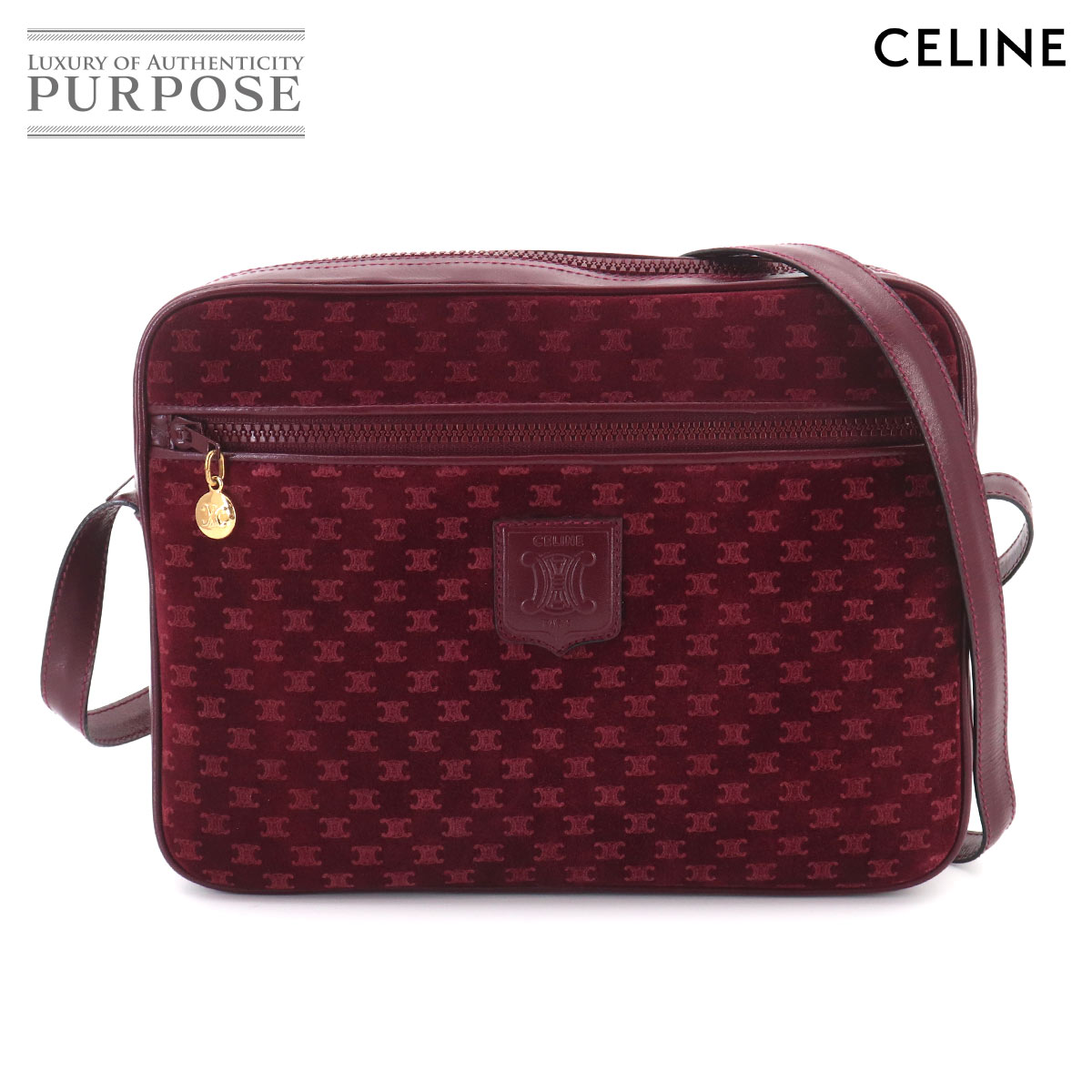 CELINE マカダム ショルダー バッグ スエード レザー ボルドー ゴールド 金具 ヴィンテージ Macadam Shoulder Bag セリーヌ 90324013
