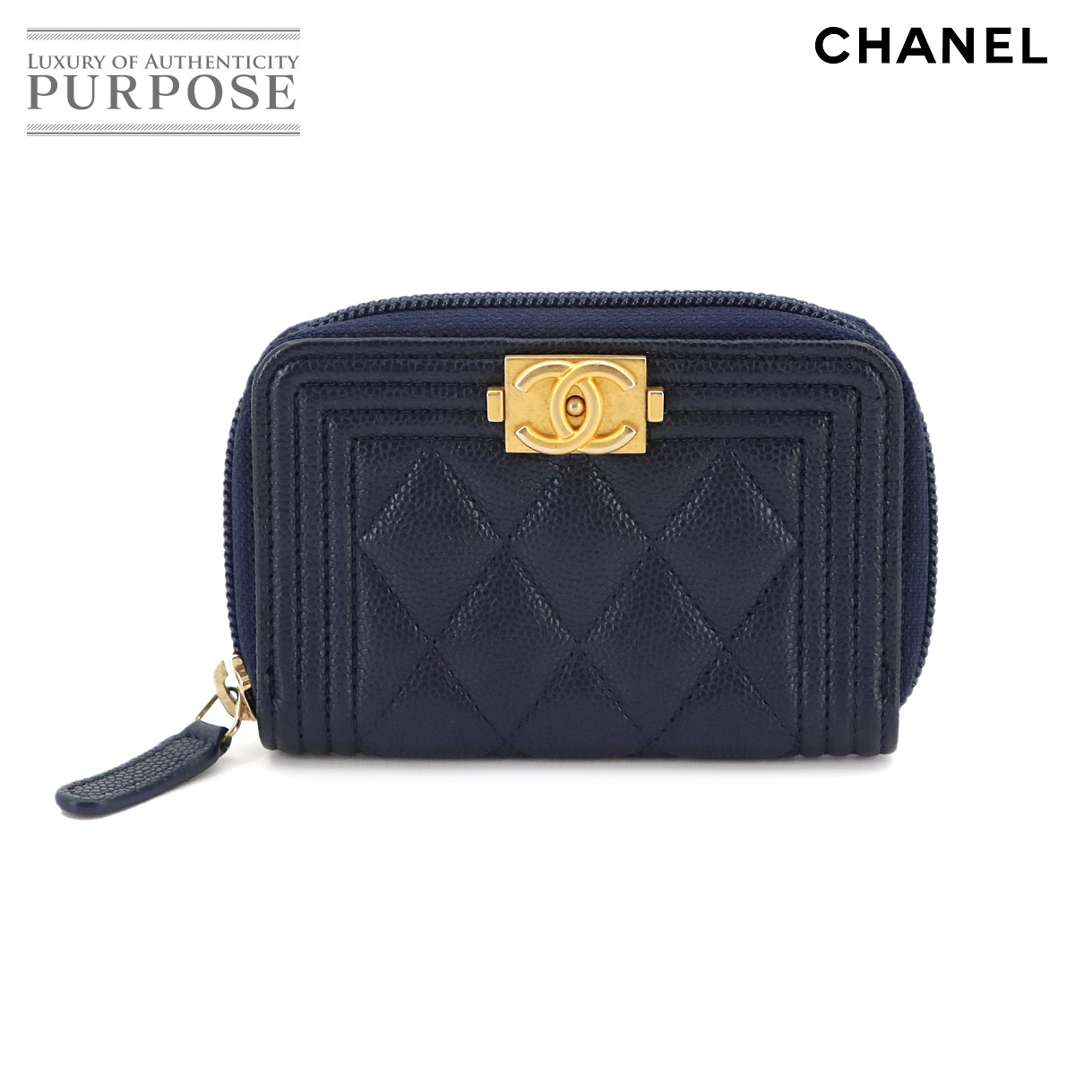 CHANEL ボーイシャネル ジップ コインパース 小銭入れ キャビアスキン レザー ネイビー A80602 ゴールド 金具 Coin Purse シャネル 90324957