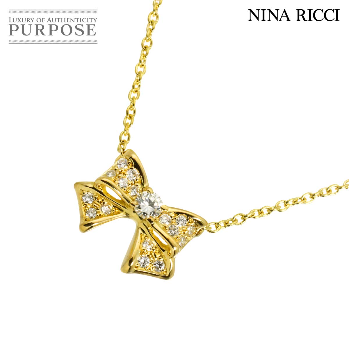 NINA RICCI ダイヤ 0.28ct ネックレス 40cm K18 YG イエローゴールド 750 リボン Diamond Necklace ニナリッチ 90320917