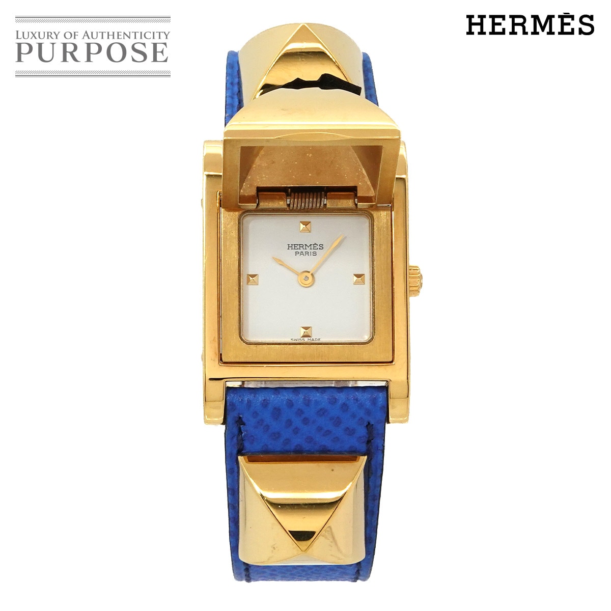 HERMES メドール ヴィンテージ レディース 腕時計 ピラミッド ゴールド スタッズ ホワイト ブルー レザー クォーツ ウォッチ Medor エルメス 90329180