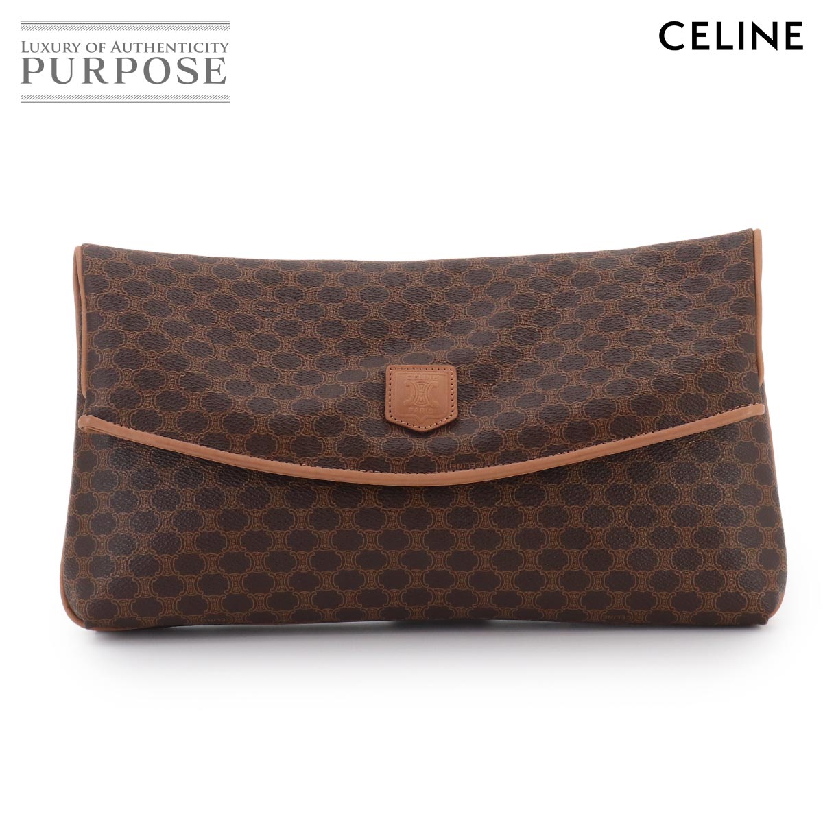 CELINE マカダム クラッチ バッグ PVC レザー ブラウン ゴールド 金具 ヴィンテージ Macadam Clutch Bag セリーヌ 90324997