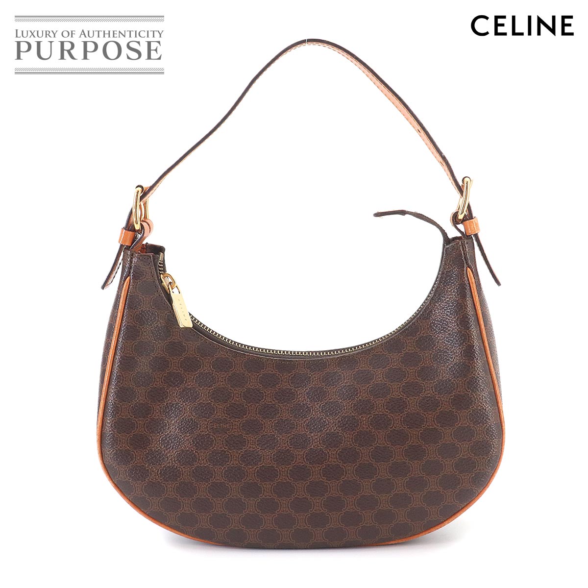CELINE マカダム ハンド バッグ PVC レザー ブラウン ゴールド 金具 ヴィンテージ Macadam Bag セリーヌ 90324998