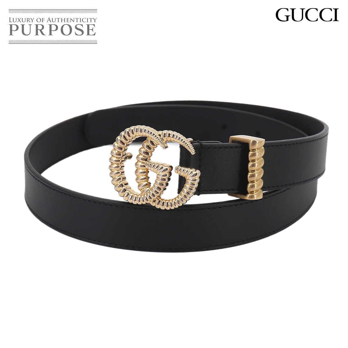 GUCCI ダブルG ベルト レザー ブラック 524103 75 ゴールド 金具 Belt グッチ 90326120