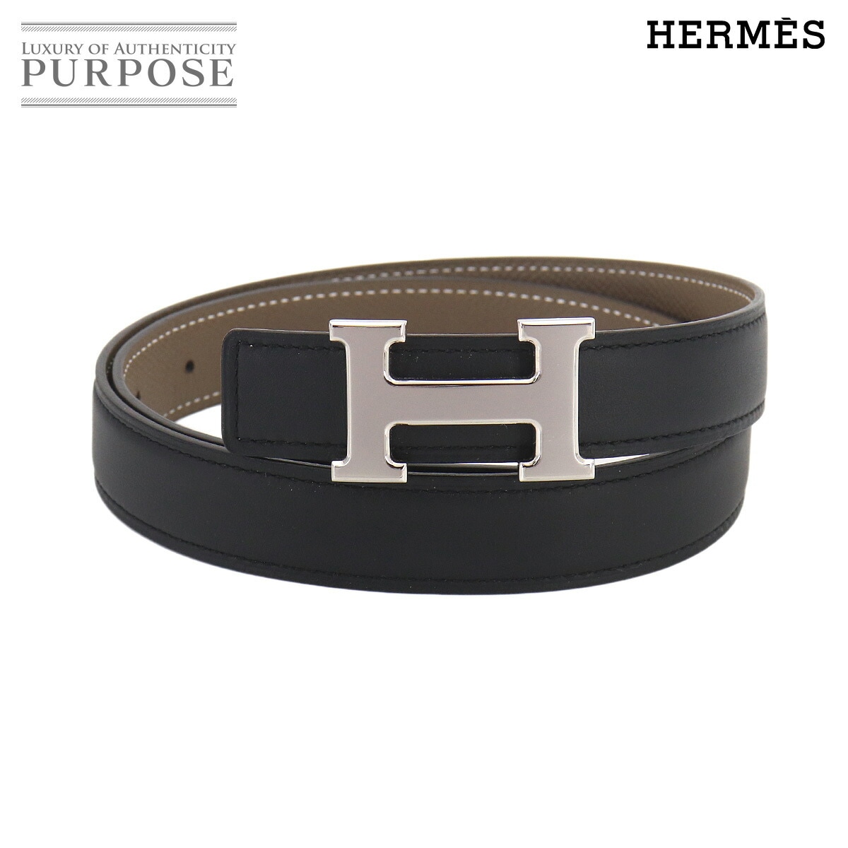 HERMES コンスタンス リバーシブル Hベルト スイフト エプソン ブラック エトゥープ 75 W刻印 Constance H Belt エルメス 90326127