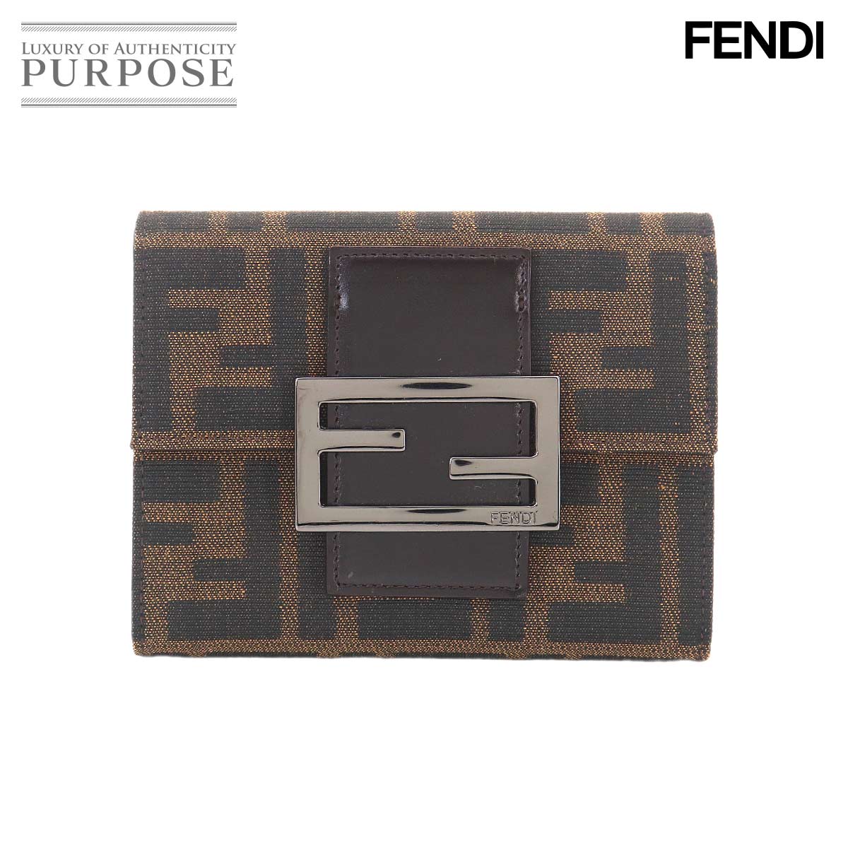 FENDI ズッカ 三つ折り 財布 キャンバス レザー ブラウン 8M0023 ガンメタ 金具 Zucca Wallet フェンディ 90327038