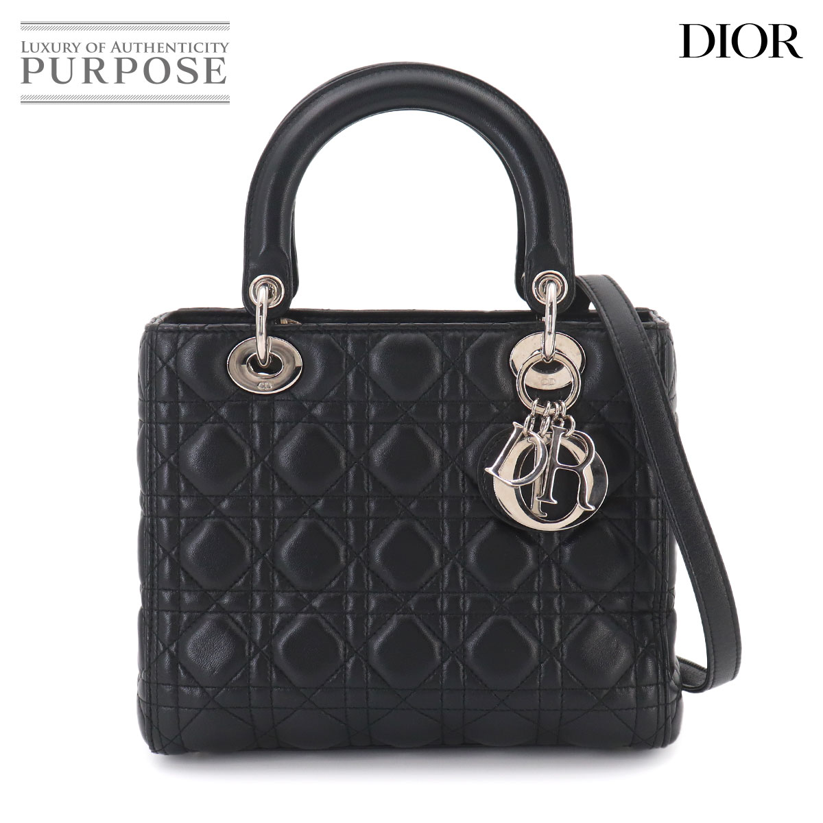 Chiristian Dior カナージュ レディディオール ミディアム 2way ハンド ショルダー バッグ レザー ブラック Lady Dior Medium クリスチャン ディオール 90316543
