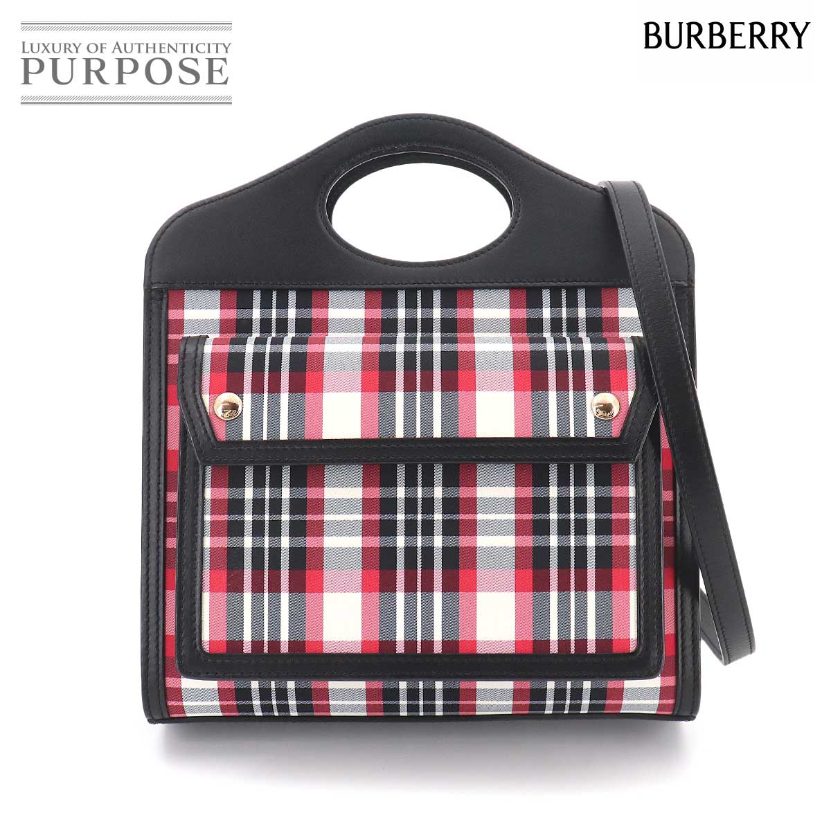 BURBERRY チェック柄 ミニ ポケットバッグ 2way ハンド ショルダー バッグ レザー ナイロン ブラック レッド 8035841 Mini Pocket Bag バーバリー 90324620