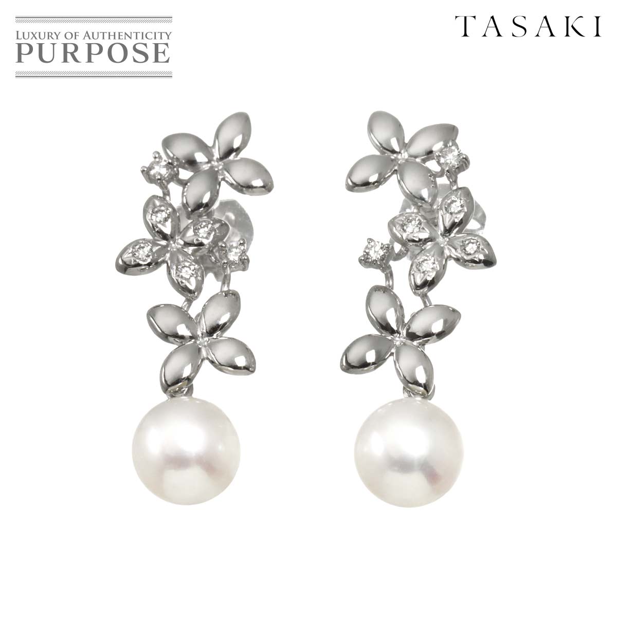 TASAKI アコヤ真珠 7.3mm ダイヤ 0.07ct/0.07ct ピアス K18 WG ホワイトゴールド 750 田崎真珠 Earrings Pierced タサキ 90315796
