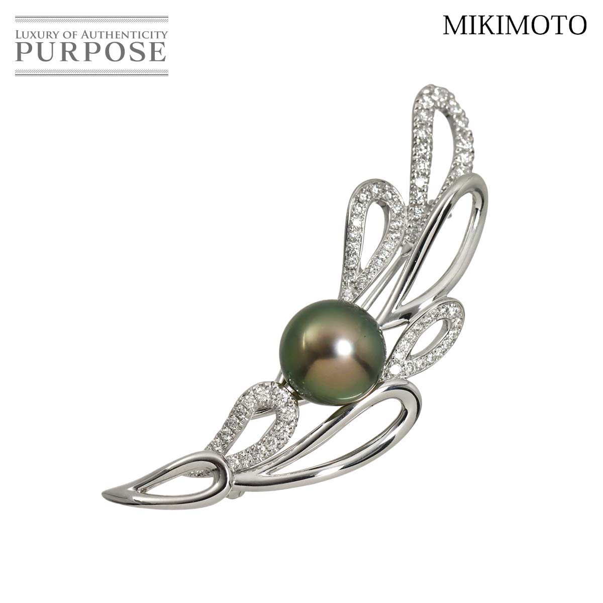 MIKIMOTO 黒蝶真珠 11.2mm ダイヤ 0.66ct ブローチ K18 WG ホワイトゴールド 750 パール Pearl Brooch ミキモト 90318405