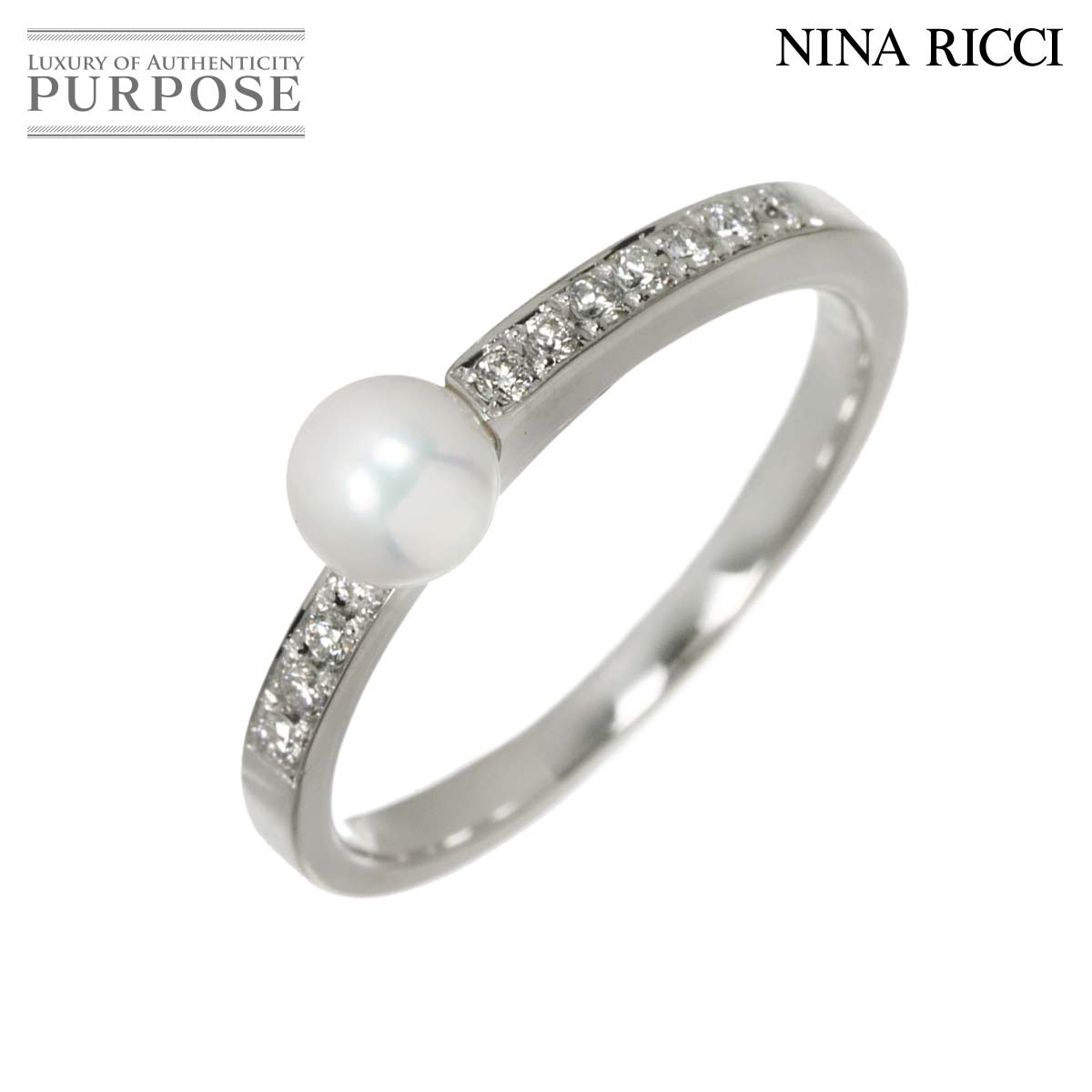 NINA RICCI 14号 リング アコヤ真珠 4.9mm ダイヤ 0.11ct K18 WG ホワイトゴールド 750 指輪 Akoya Pearl Ring ニナリッチ 90318491