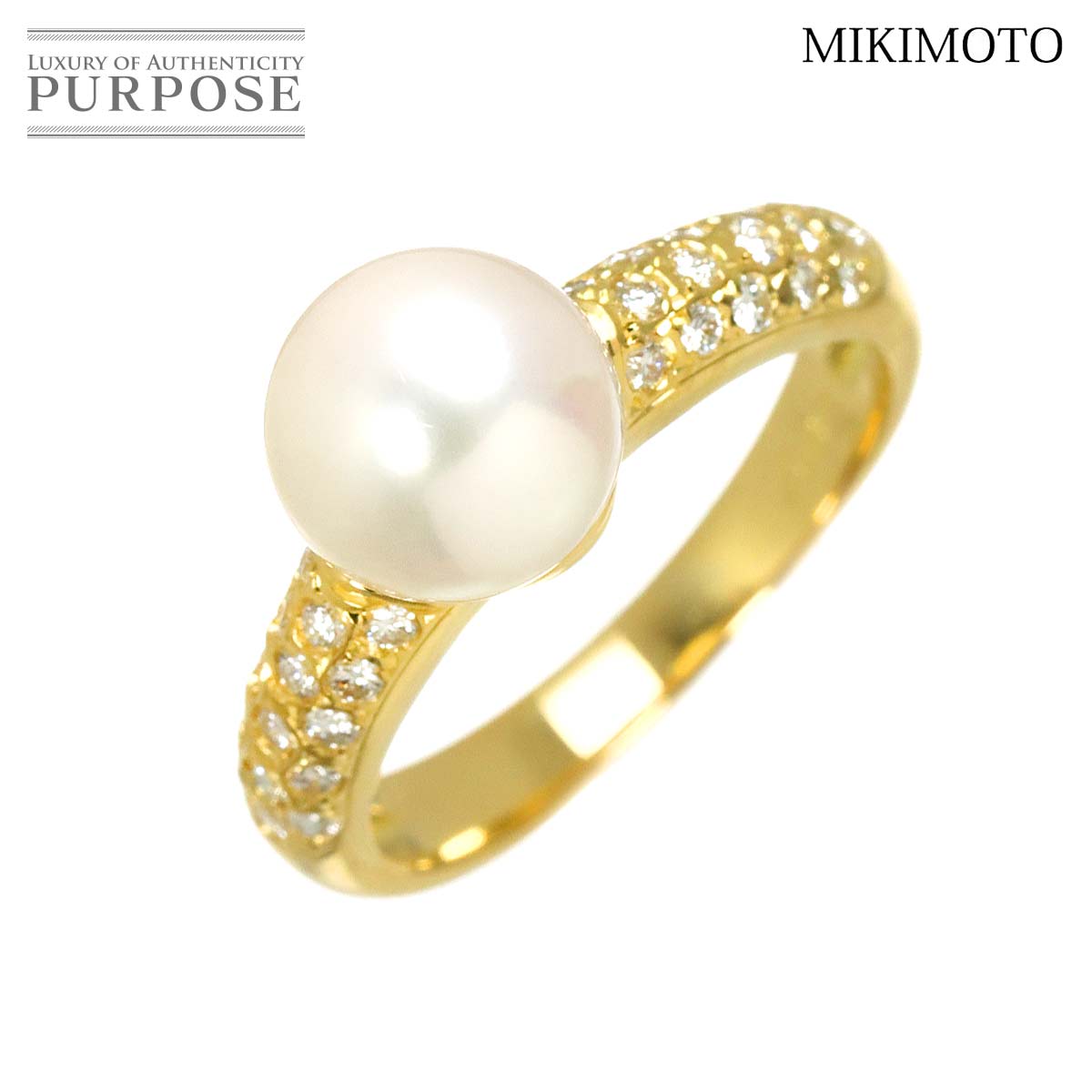 MIKIMOTO 9号 リング アコヤ真珠 8.0mm ダイヤ K18 YG イエローゴールド 750 パール 指輪 Akoya Pearl Ring ミキモト 90320903