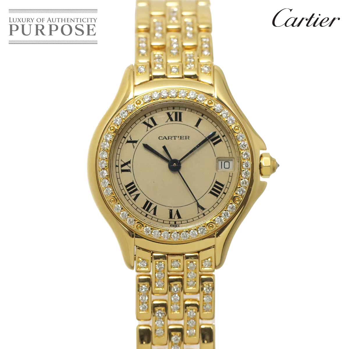 Cartier パンテール クーガー WF8001FR レディース 腕時計 ダイヤ ベゼル ブレス デイト アイボリー K18YG 金無垢 クォーツ ウォッチ Panthere Cougar カルティエ 90317767