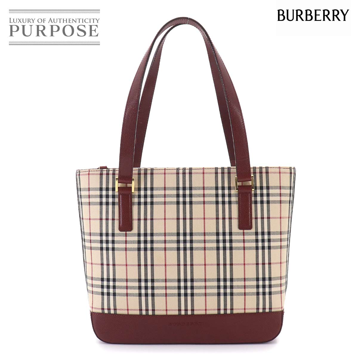BURBERRY ノバチェック ハンド バッグ キャンバス レザー ベージュ ボルドー ゴールド 金具 Hand Bag バーバリー 90320782