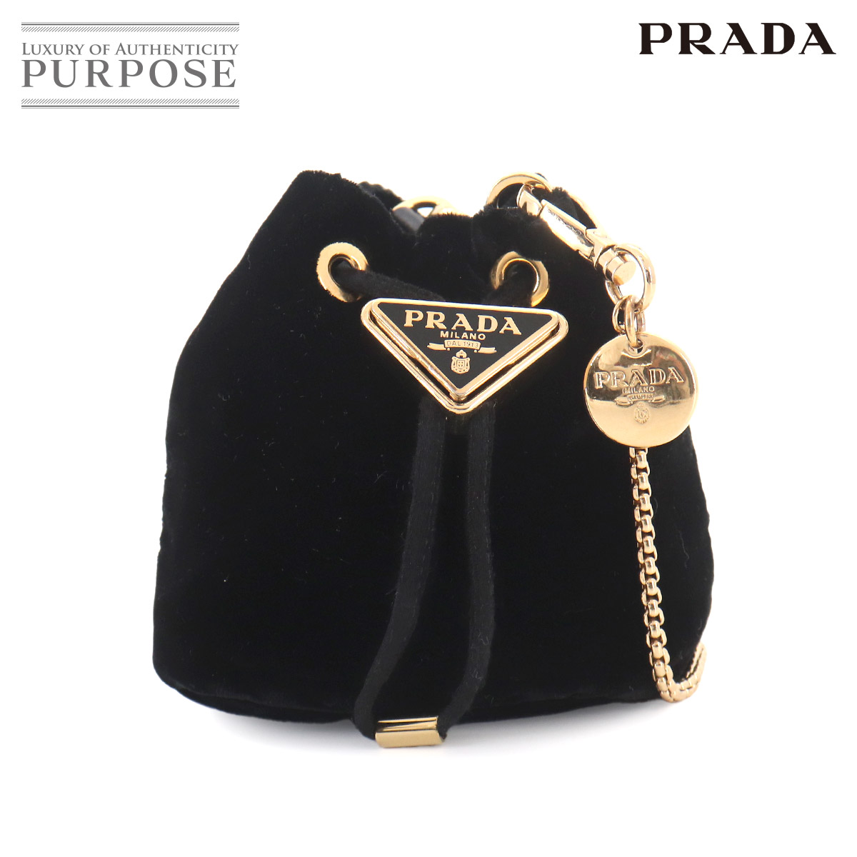 PRADA 巾着 ミニ チェーン ショルダー バッグ ベロア ブラック 1NR016 ゴールド 金具 Shoulder Bag プラダ 90324943