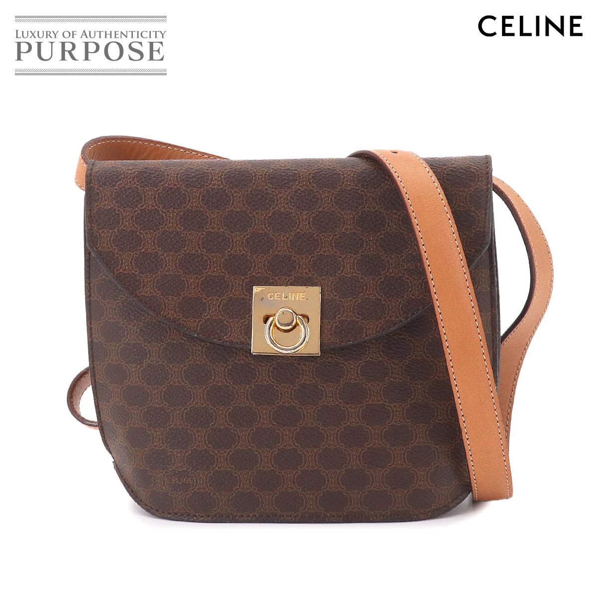 CELINE マカダム ショルダー バッグ PVC レザー ブラウン ゴールド 金具 ヴィンテージ Macadam Shoulder Bag セリーヌ 90325018