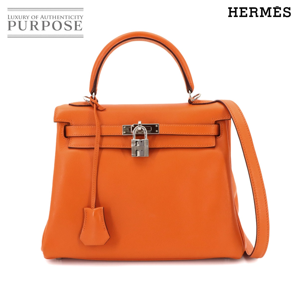 HERMES ケリー 25 スイフト オレンジ 2way ハンド ショルダー バッグ 内縫い □K刻印 シルバー 金具 Kelly エルメス 90326064