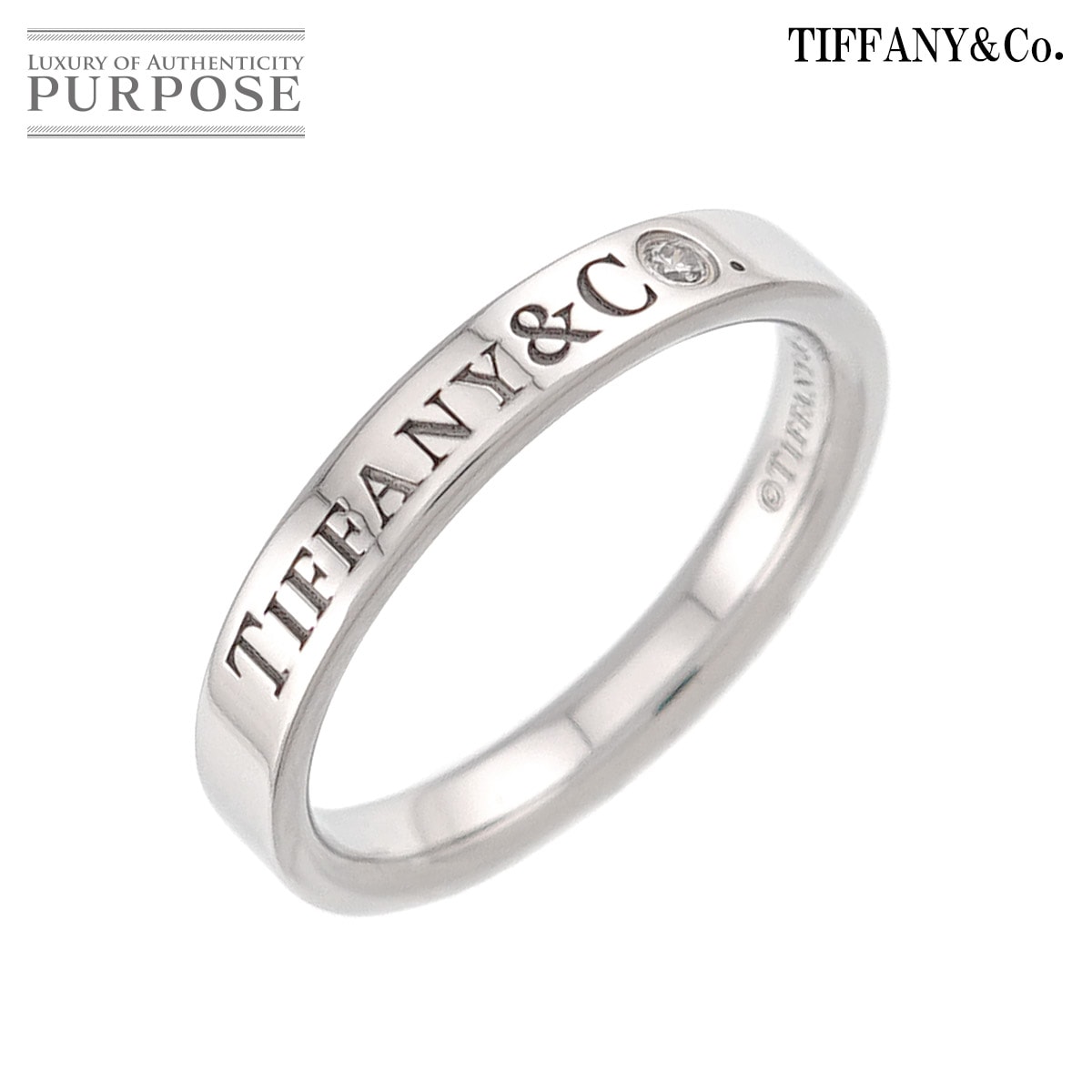 TIFFANY&Co. ロゴ バンド 8号 リング ダイヤ 1P Pt プラチナ 指輪 Band Ring ティファニー 90326267