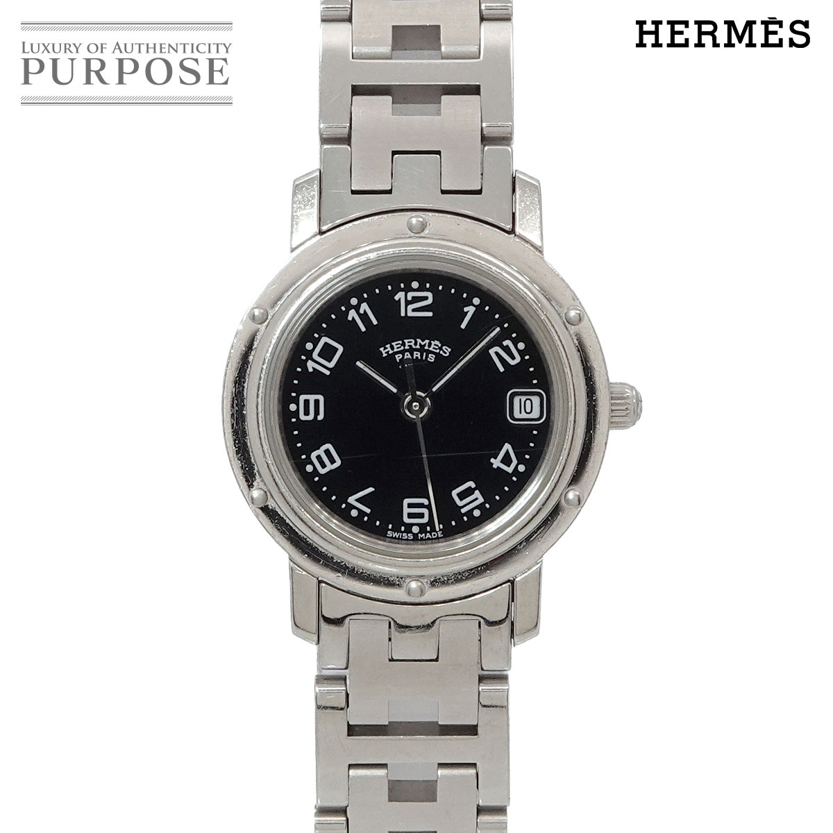 HERMES クリッパー CL4 210 ヴィンテージ レディース 腕時計 デイト ブラック クォーツ ウォッチ エルメス 90329348