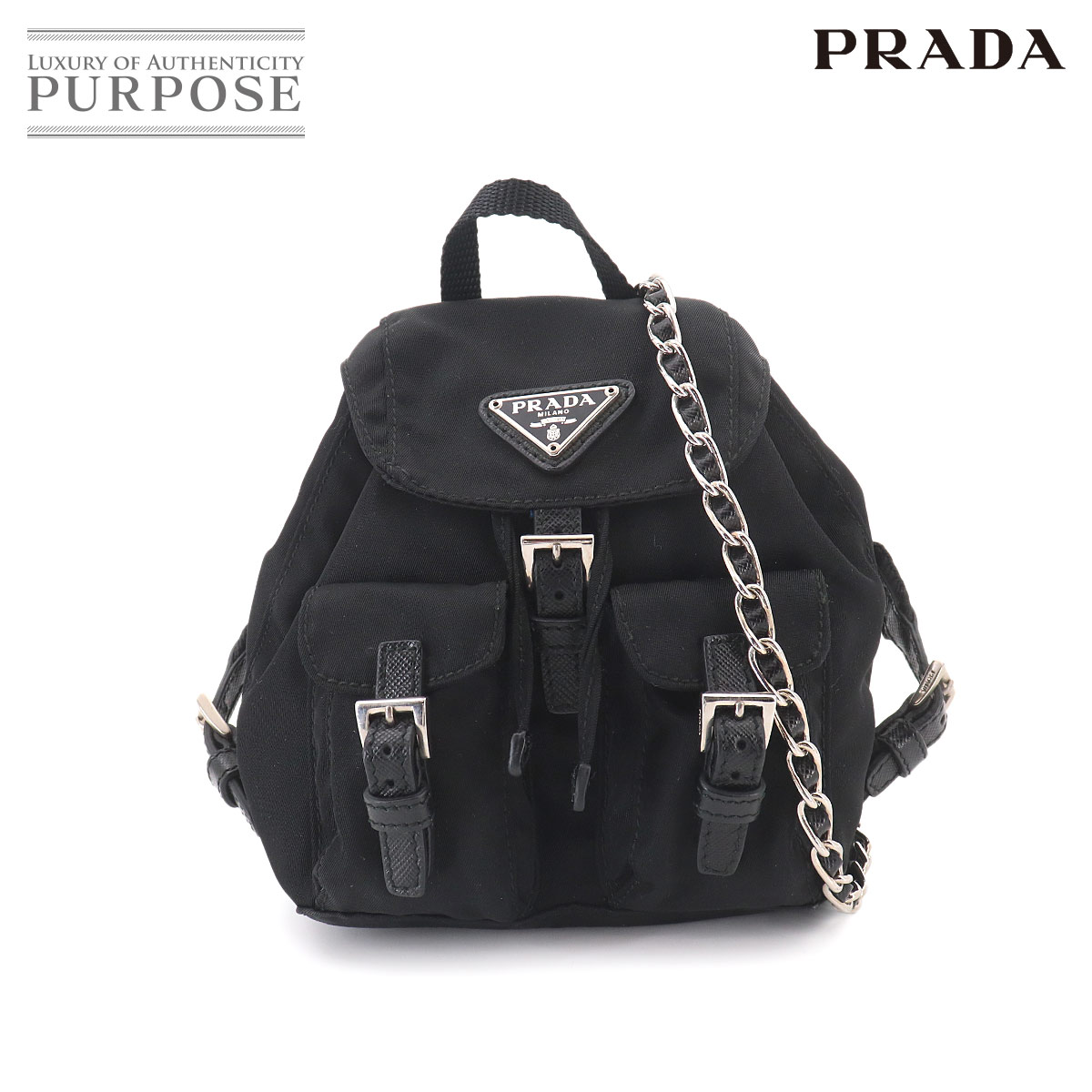 PRADA ミニ チェーン ショルダー バッグ ナイロン サフィアーノレザー ブラック リュック型 BZ0029 シルバー 金具 Chain Shoulder Bag プラダ 90319974