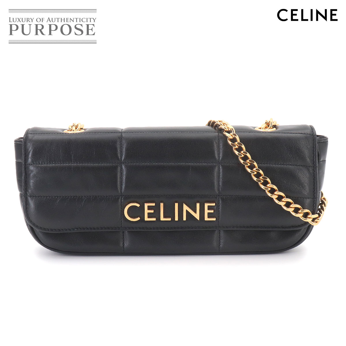 CELINE マトラッセ モノクローム チェーン ショルダー バッグ レザー ブラック 111843EPZ ゴールド 金具 Chain shoulder bag セリーヌ 90320223