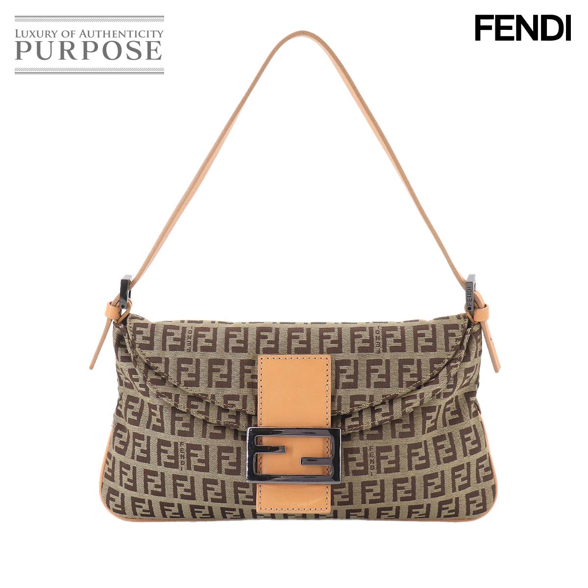 FENDI ズッキーノ マンマバケット ショルダー バッグ キャンバス ベージュ ブラウン 8BR009 ガンメタ 金具 Zucchino Mamma Baguette フェンディ 90324006