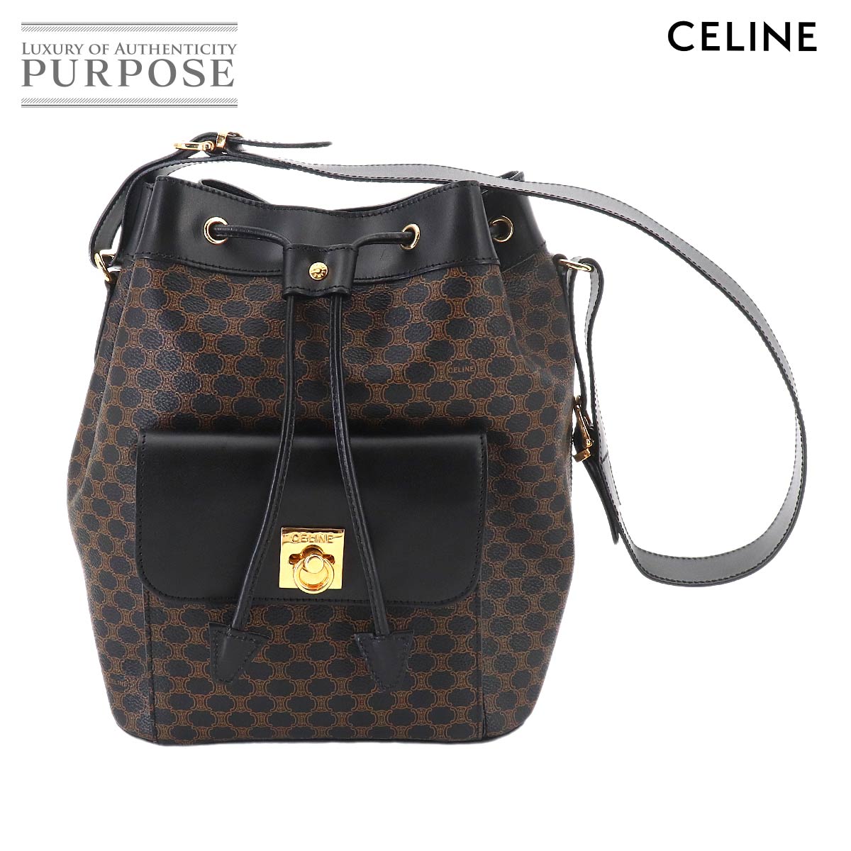 CELINE マカダム 巾着 ショルダー バッグ PVC レザー ブラック ブラウン ゴールド 金具 ヴィンテージ Macadam Shoulder Bag セリーヌ 90324842