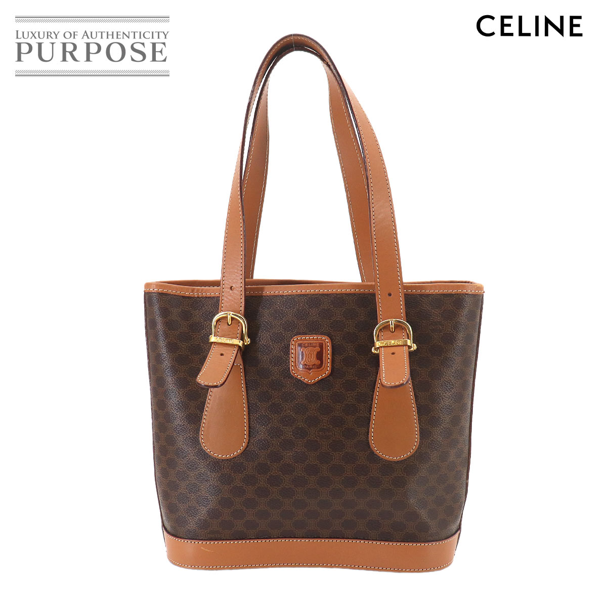 CELINE マカダム ハンド バッグ PVC レザー ブラウン ゴールド 金具 ヴィンテージ Macadam Bag セリーヌ 90326968