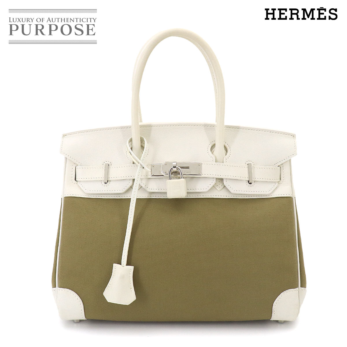 HERMES バーキン30 トワルオフィシェ スイフト カーキ ホワイト □M刻印 シルバー 金具 Birkin エルメス 90329241