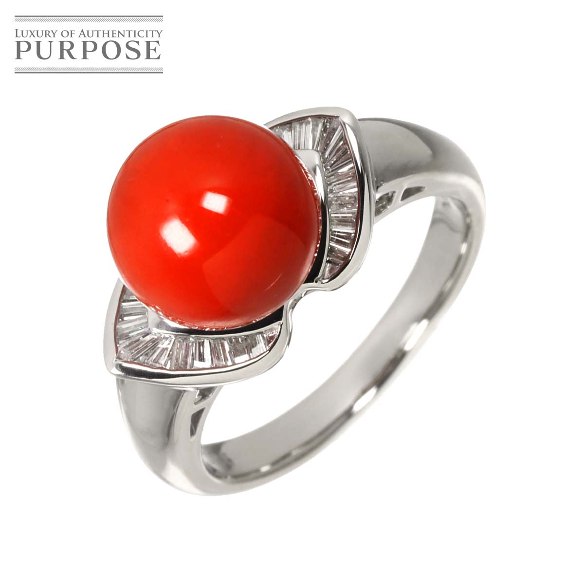 リング 15号 珊瑚 ダイヤ 0.28ct Pt プラチナ 指輪 Coral Ring 90322772