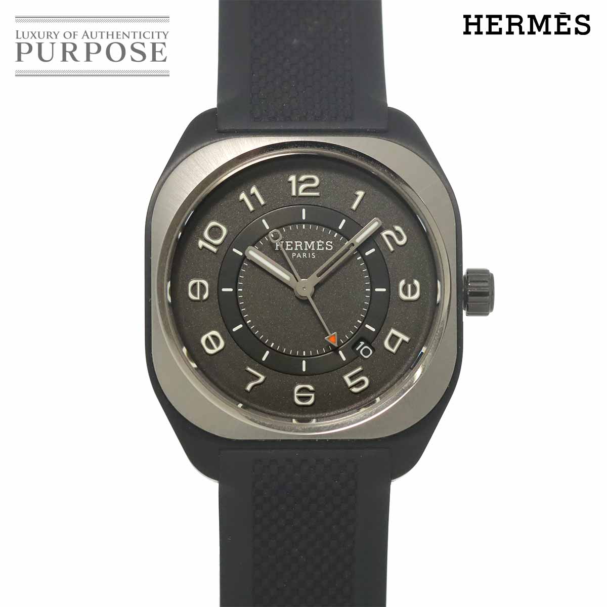 HERMES H08 SP1 741a メンズ 腕時計 デイト グレー チタン オートマ 自動巻き ウォッチ エルメス 90329857