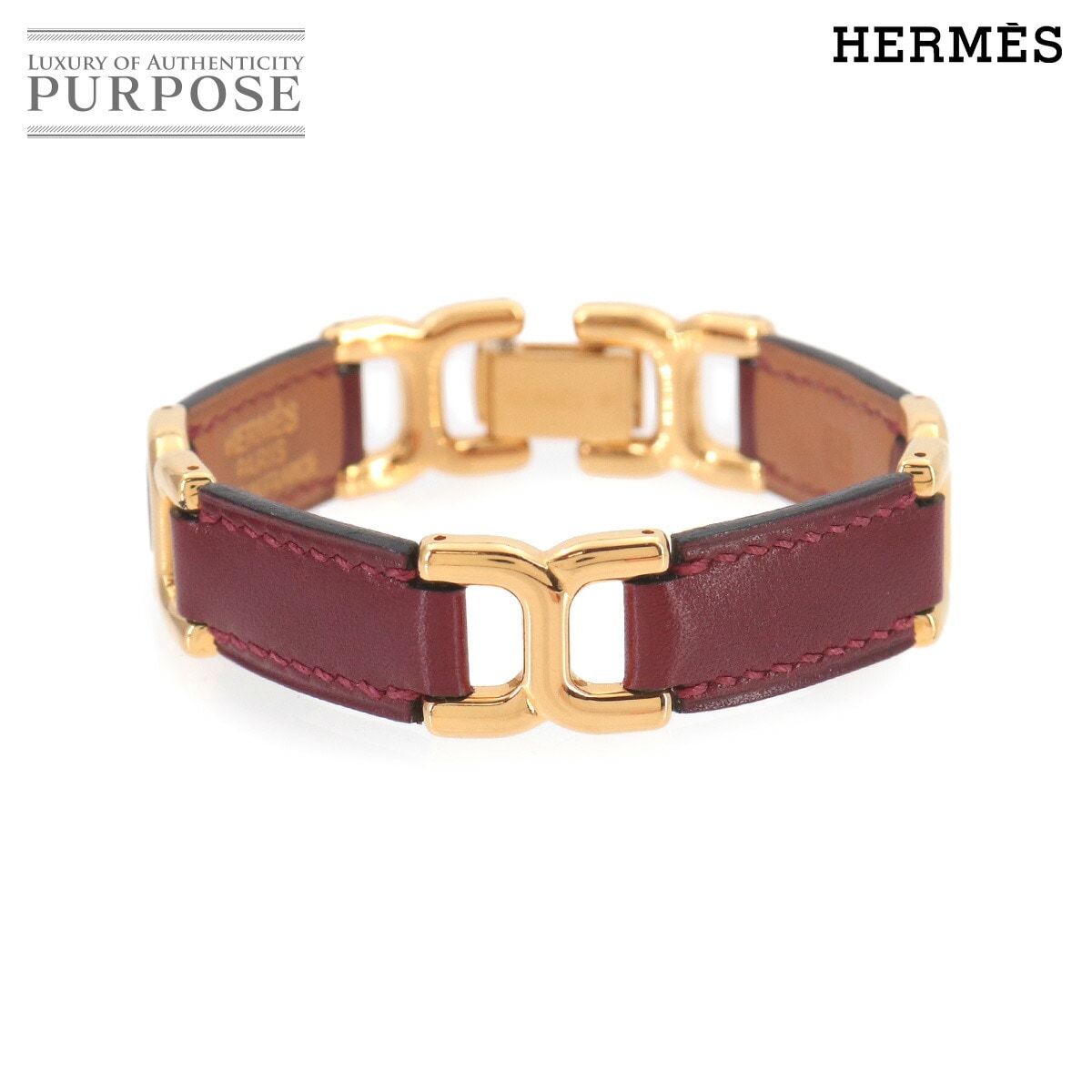 HERMES Hモチーフ ブレスレット バングル レザー ルージュアッシュ ゴールド アクセサリー Bracelet エルメス 90323936