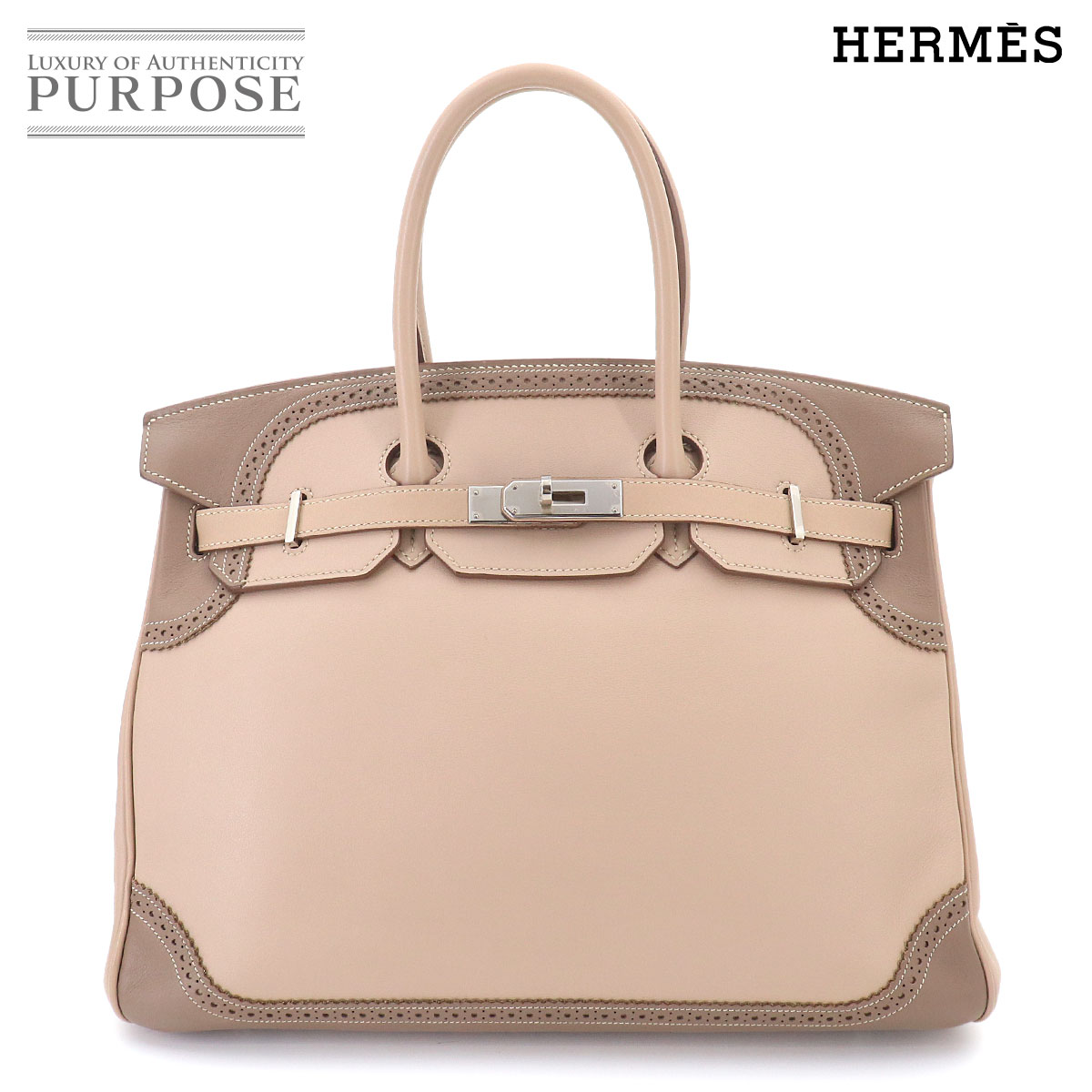 HERMES バーキン35 ギリーズ スイフト アルジル エトゥープ ハンド バッグ □P刻印 シルバー 金具 Birkin Ghillies エルメス 90324939