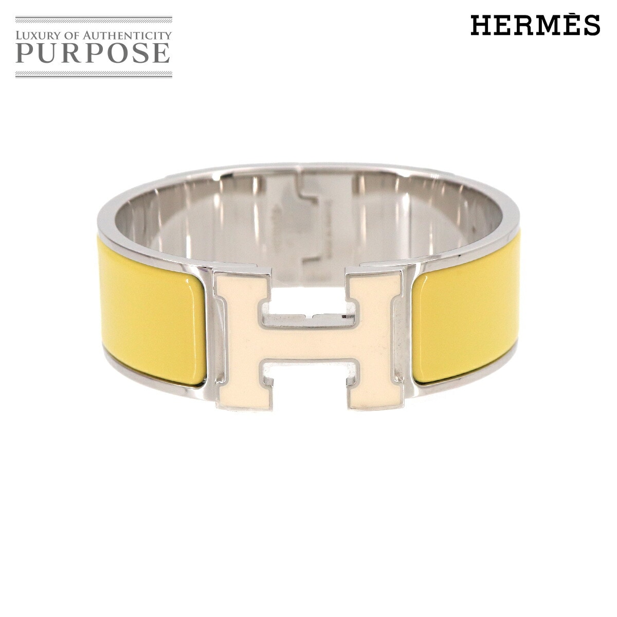 HERMES クリッククラック H PM バングル ホワイト ジョーヌシトロン シルバー 金具 アクセサリー Clic Clac H エルメス 90325473