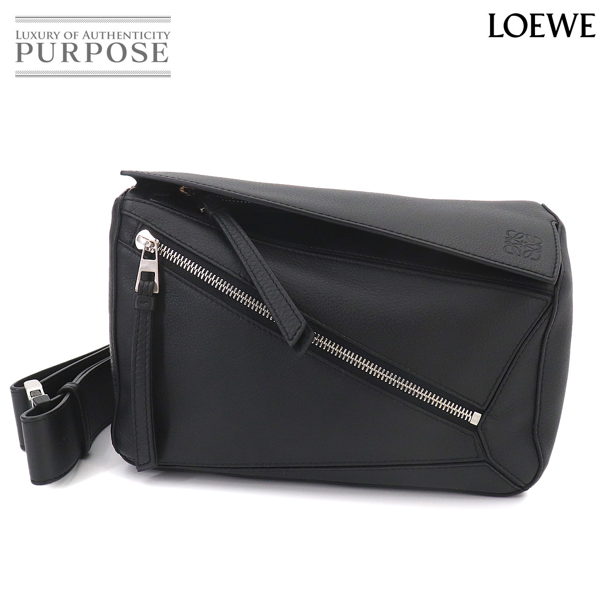 LOEWE パズル エッジ スモール バムバッグ ボディ バッグ レザー ブラック シルバー 金具 B510P35X09 Pazzle Edge Small BumBag ロエベ 90326943
