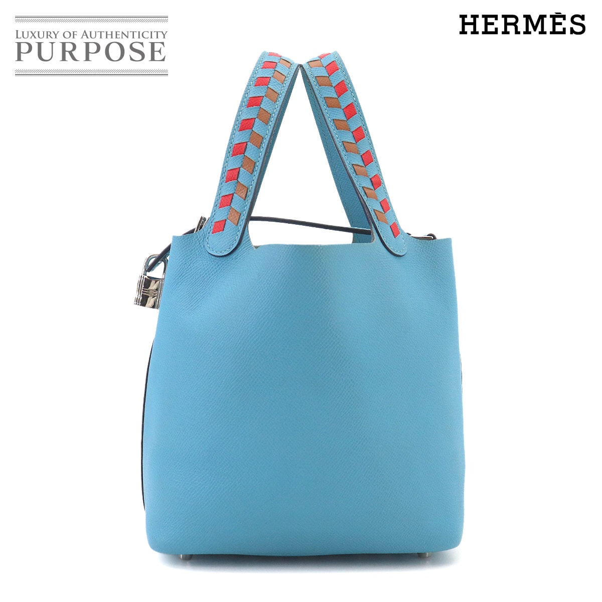 HERMES ピコタンロック 18 PM トレサージュ ハンド バッグ エプソン ブルーデュノール ルージュクー ゴールド D刻印 シルバー 金具 Picotin Lock PM Tressage エルメス 90326976