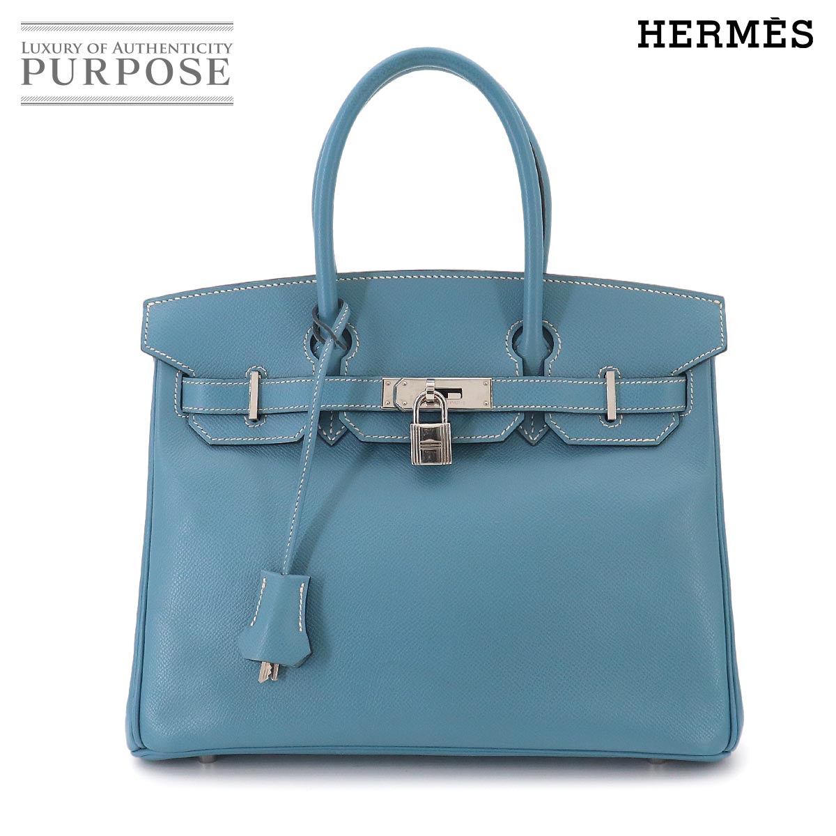 HERMES バーキン30 ハンド バッグ エプソン ブルージーン □K刻印 シルバー 金具 Birkin エルメス 90329432
