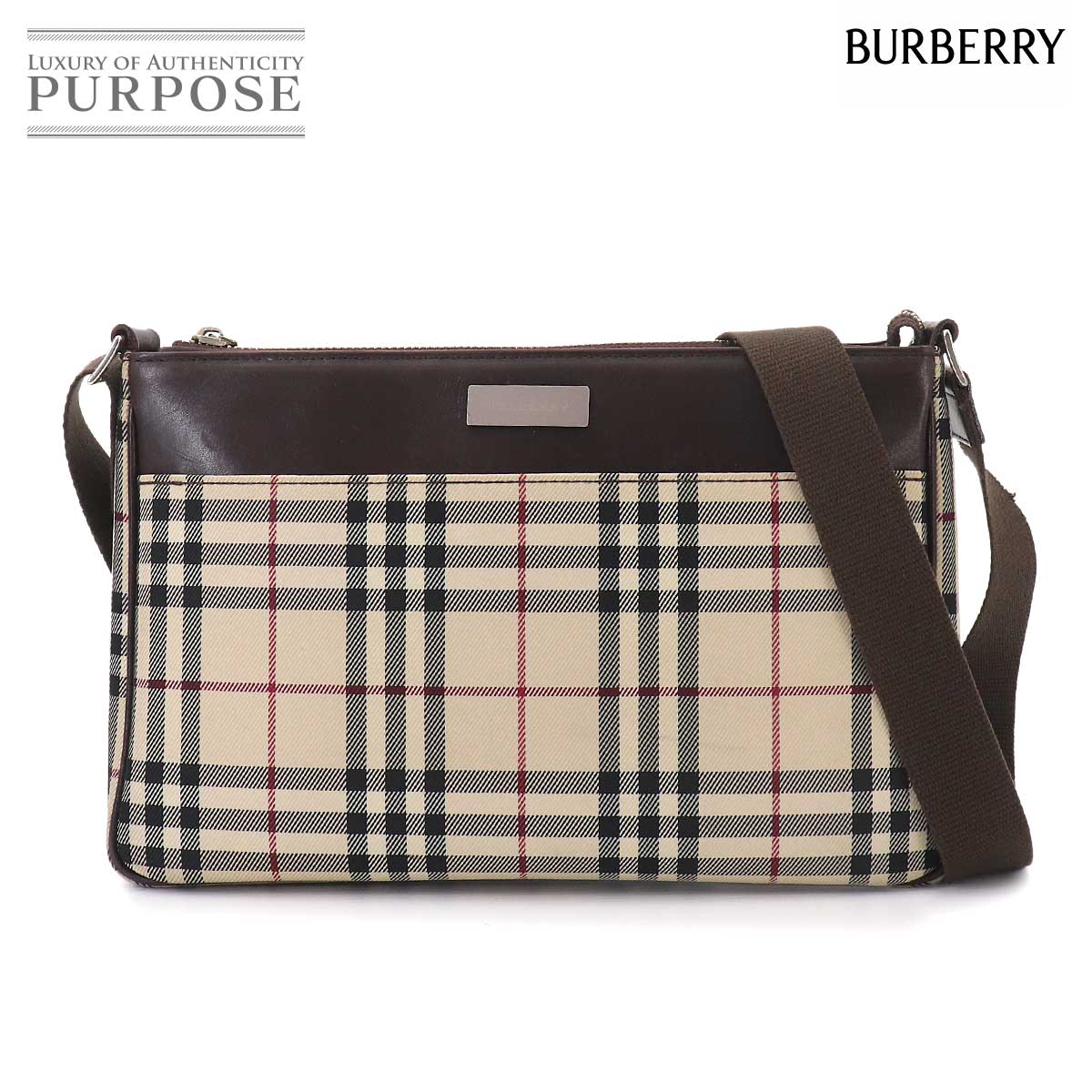 BURBERRY ノバチェック ショルダー バッグ ナイロン レザー ベージュ ブラウン シルバー 金具 Shoulder Bag バーバリー 90324936