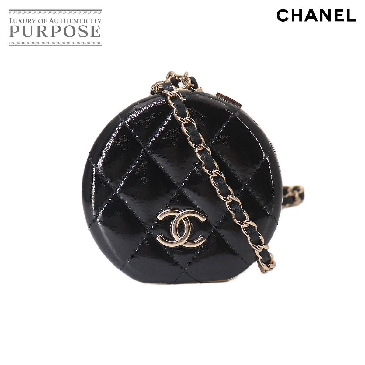 CHANEL マトラッセ チェーン ストラップ付き ミラー パテントレザー ブラック ゴールド 金具 Mirror シャネル 90324948