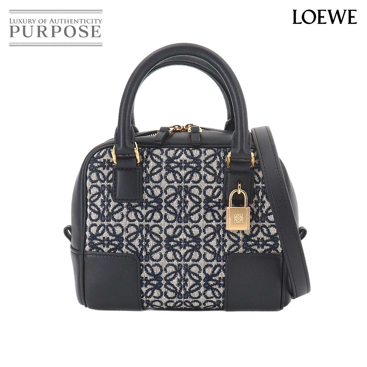 LOEWE アマソナ 16 スクエア 2way ハンド ショルダー バッグ キャンバス レザー ブラック ゴールド 金具 Amazona ロエベ 90325005