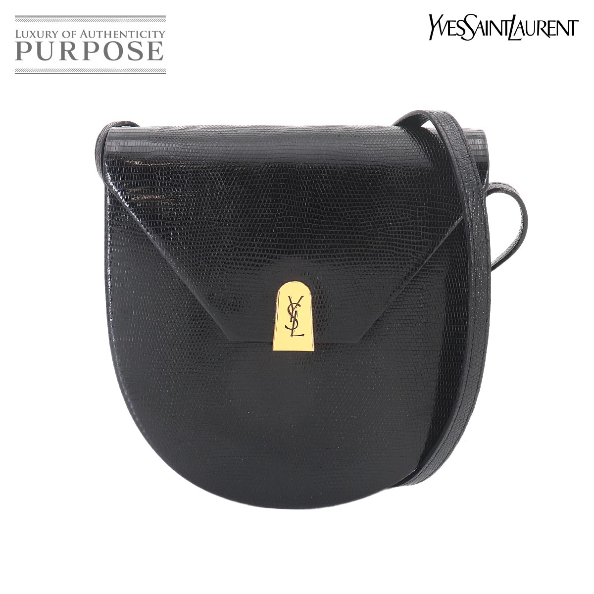 Yves Saint Laurent ショルダー バッグ リザード ブラック ゴールド 金具 ヴィンテージ Shoulder Bag イヴサンローラン 90326940