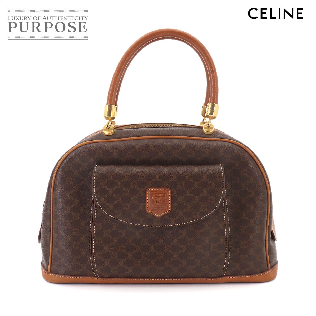 CELINE マカダム ハンド バッグ PVC レザー ブラウン ゴールド 金具 ヴィンテージ Macadam Bag セリーヌ 90327002